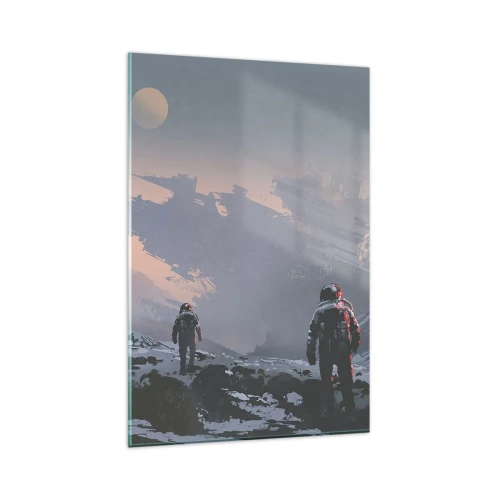 Obraz na szkle - Astronauci na obcej planecie z wrakiem statku kosmicznego - 80x120cm - Pod nieznaną gwiazdą - Nowoczesna dekoracja ścienna do salonu i sypialni ARTTOR