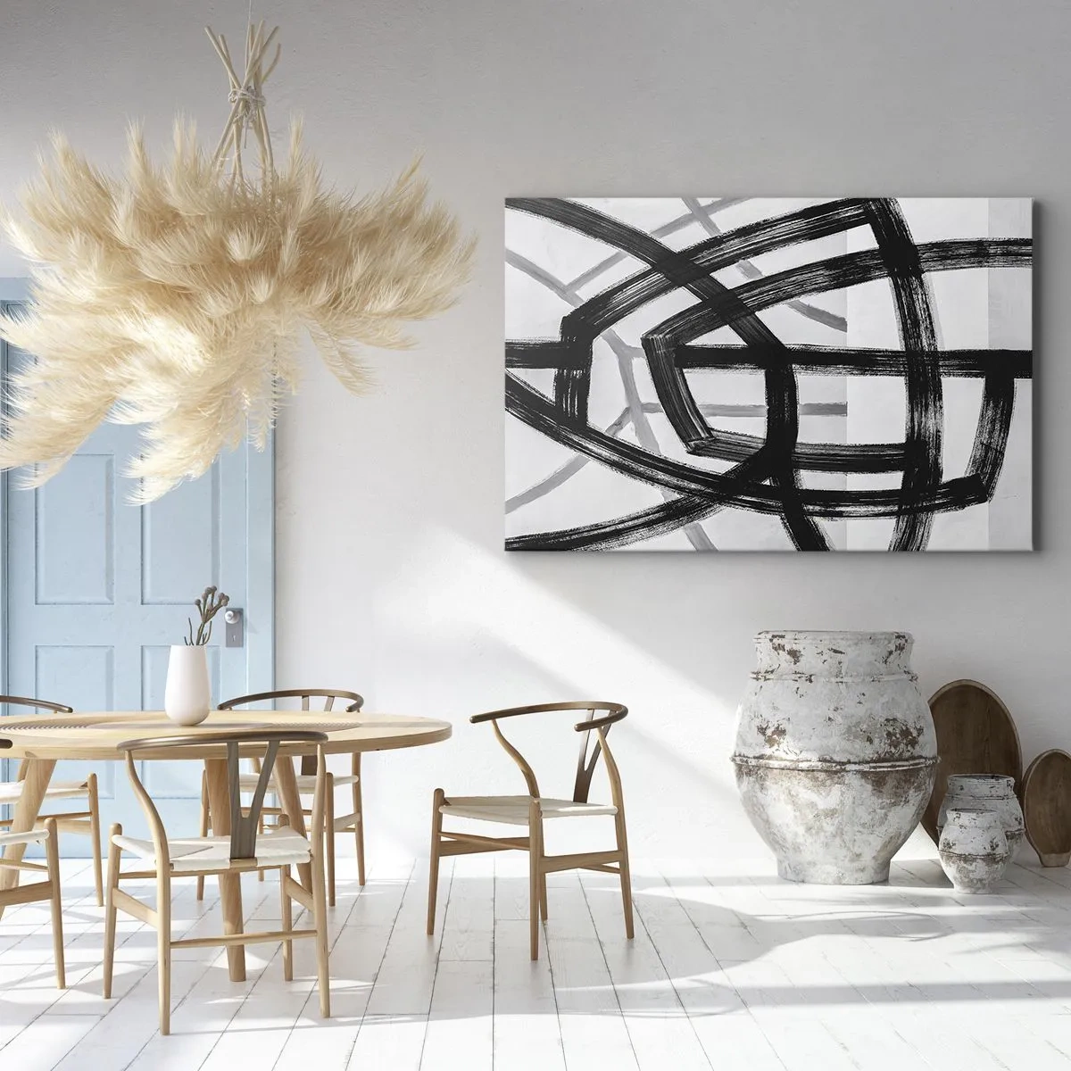 Obraz na płótnie - Czarno-białe abstrakcyjne linie przecinające się na jasnym tle - 100x70cm - Budowanie głębi - Nowoczesna dekoracja ścienna do salonu, kuchni i sypialni ARTTOR