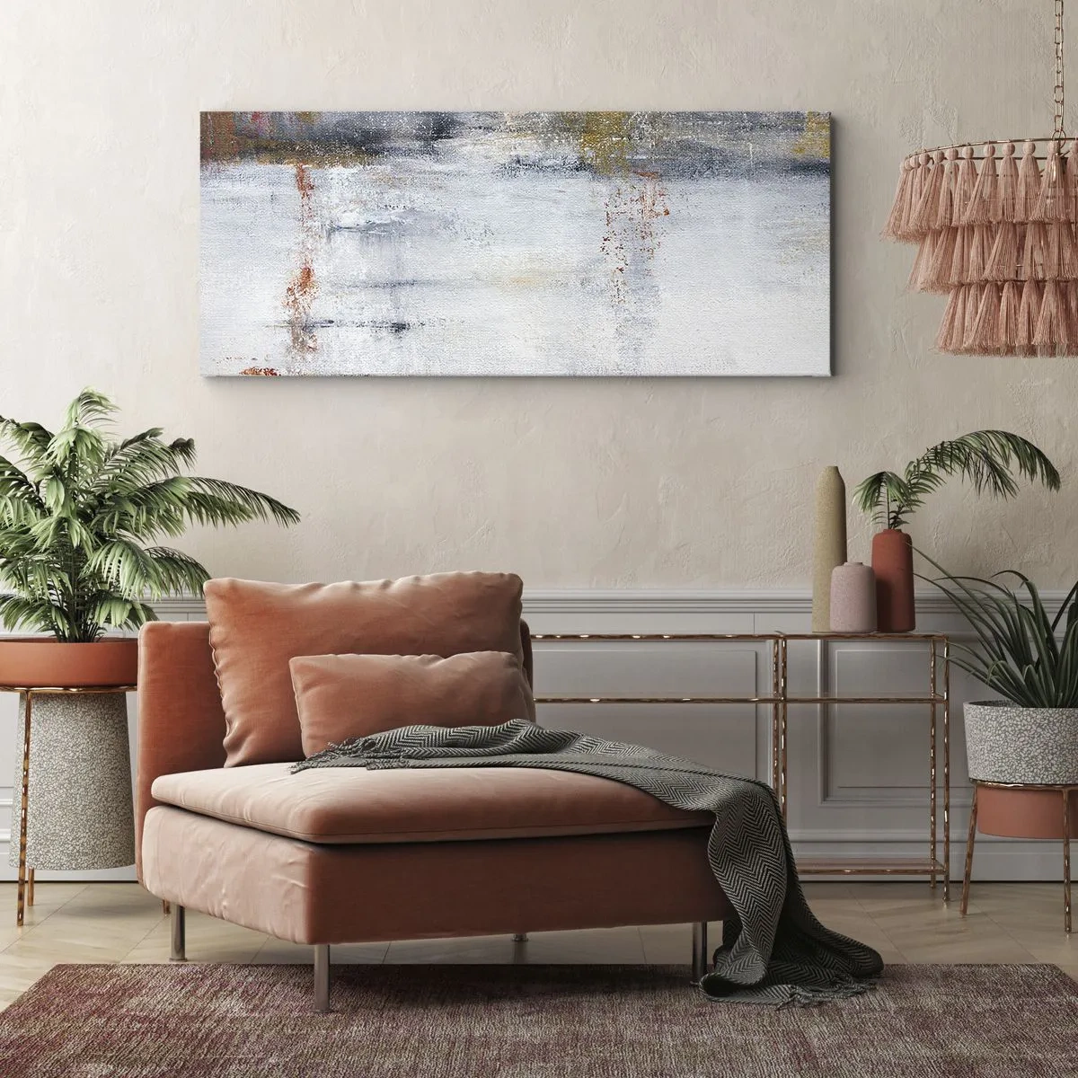 Obraz na płótnie - Abstrakcyjny pejzaż z rozmytymi akcentami szarości i złota - 160x50cm - Za powietrza zasłoną - Nowoczesna dekoracja ścienna do salonu i sypialni ARTTOR