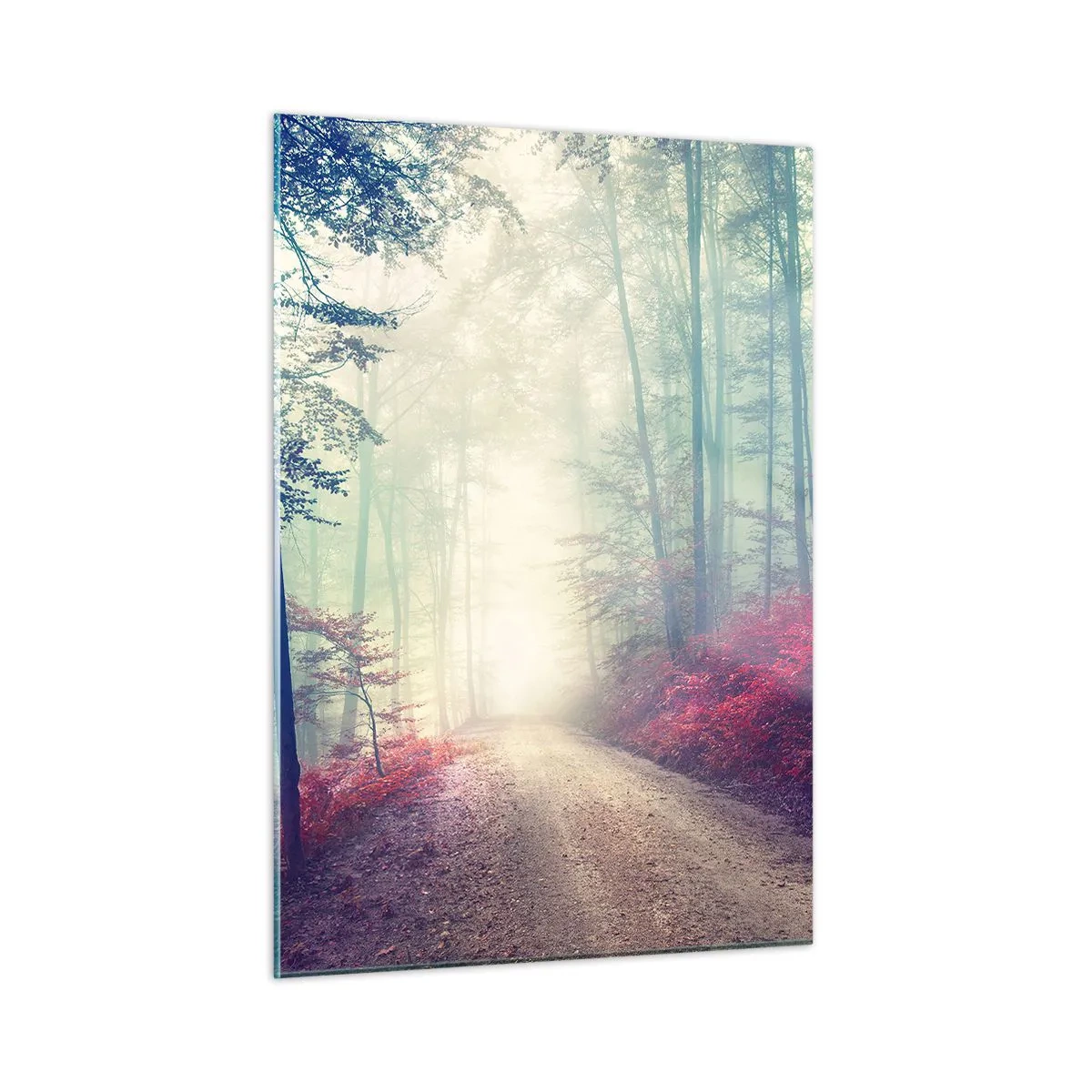 Obraz na szkle - Leśna droga w mgle z czerwonymi akcentami - 50x70cm - Jak dobrze wstać skoro świt - Nowoczesna dekoracja ścienna do salonu, kuchni i sypialni ARTTOR
