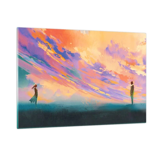Obraz na szkle - Dwoje ludzi na tle kolorowego, zachodzącego nieba - 120x80cm - Siła przyciągania - Nowoczesna dekoracja ścienna do salonu, kuchni i sypialni ARTTOR