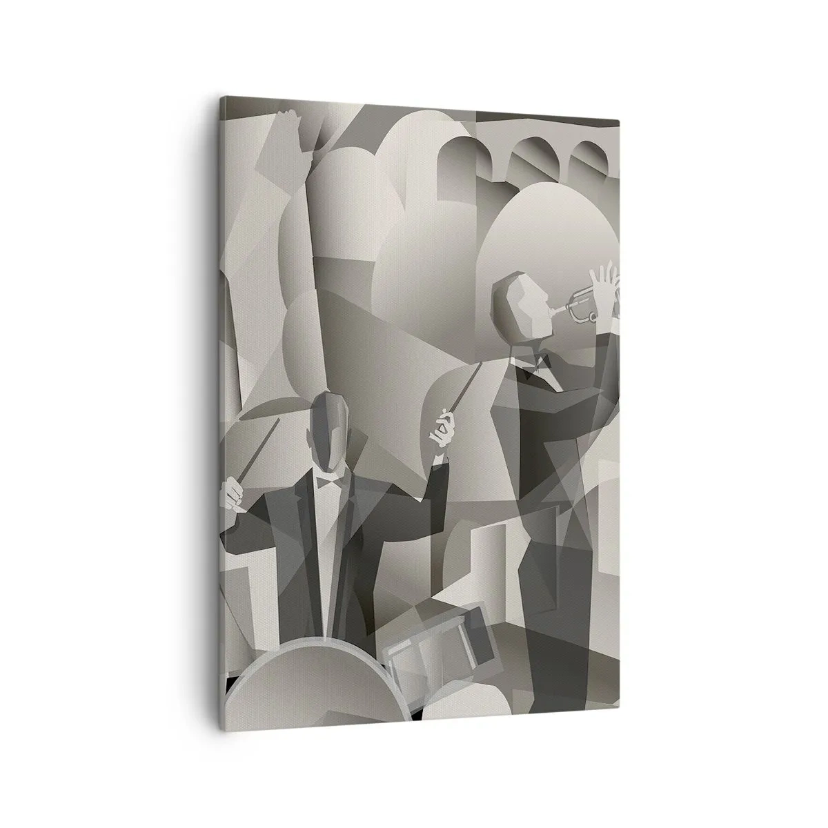 Obraz na płótnie - Abstrakcyjna ilustracja muzyków jazzowych w odcieniach szarości - 50x70cm - W przestrzeni dźwięków - Nowoczesna dekoracja ścienna do salonu, kuchni i sypialni ARTTOR