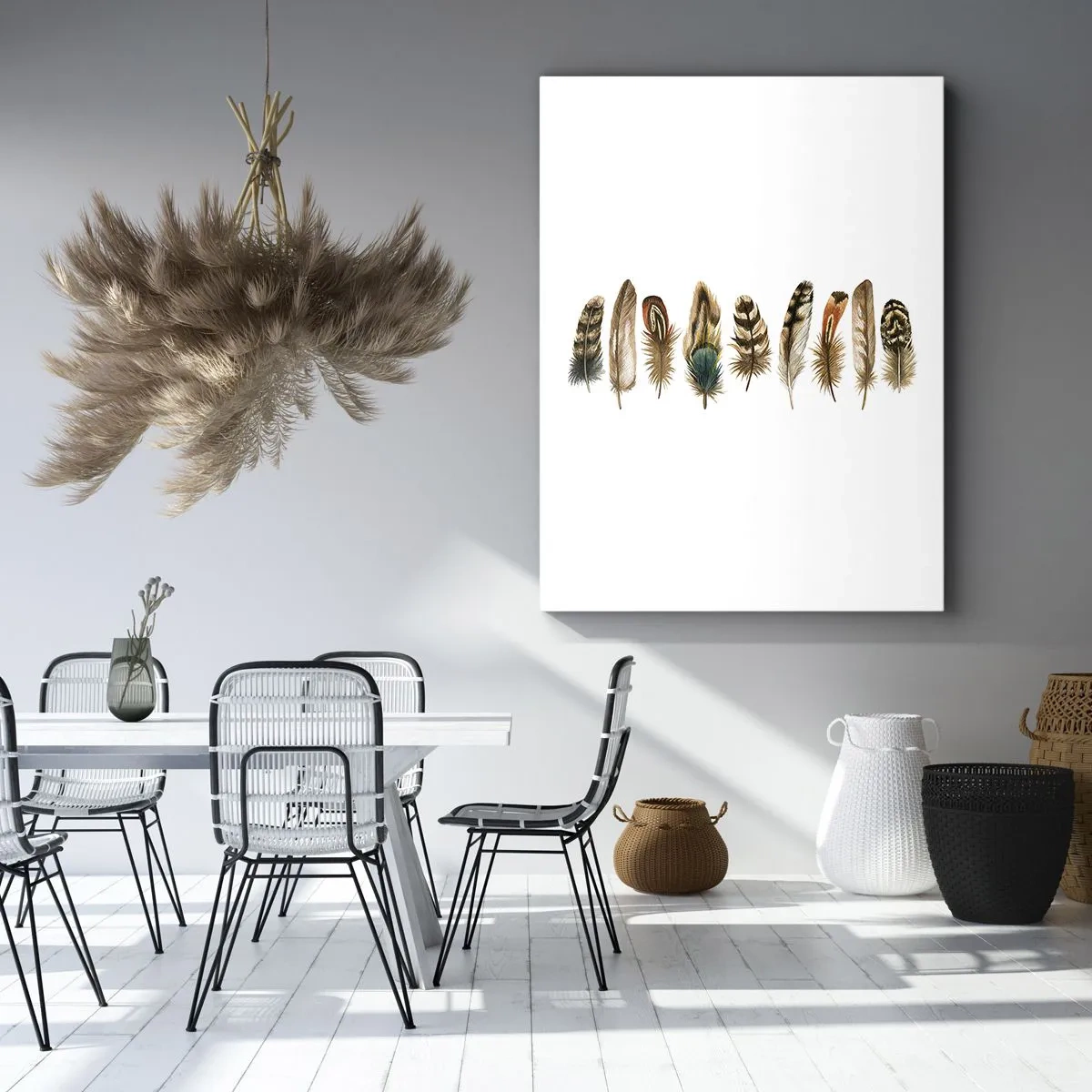 Obraz na płótnie - Różnorodne kolorowe pióra na białym tle - 50x70cm - Pierzasta wariacja - Nowoczesna dekoracja ścienna do salonu, kuchni i sypialni ARTTOR