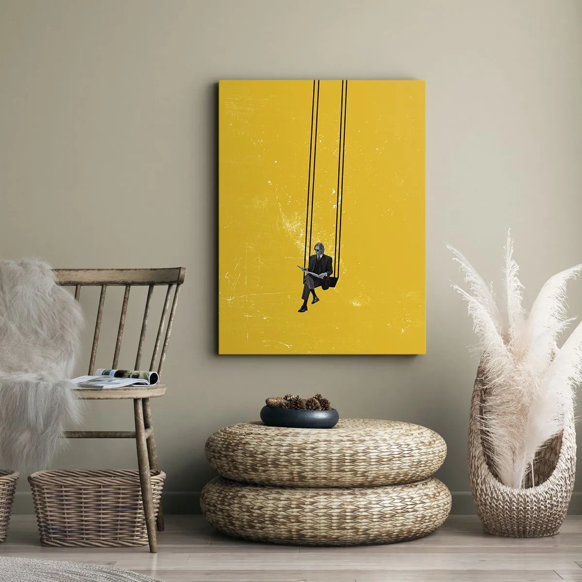 Obraz na płótnie - Osoba na huśtawce na tle intensywnej żółci - 70x100cm - Dzień jak co dzień - Nowoczesna dekoracja ścienna do salonu i sypialni ARTTOR