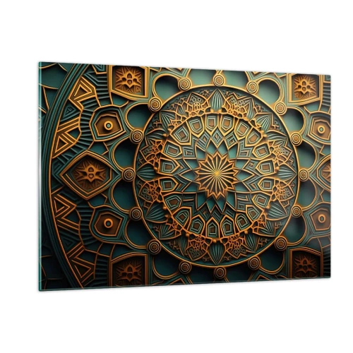 Obraz na szkle - Złoto-turkusowy ornament w stylu arabskiej mozaiki - 120x80cm - W arabskim klimacie - Nowoczesna dekoracja ścienna do salonu, kuchni i sypialni ARTTOR