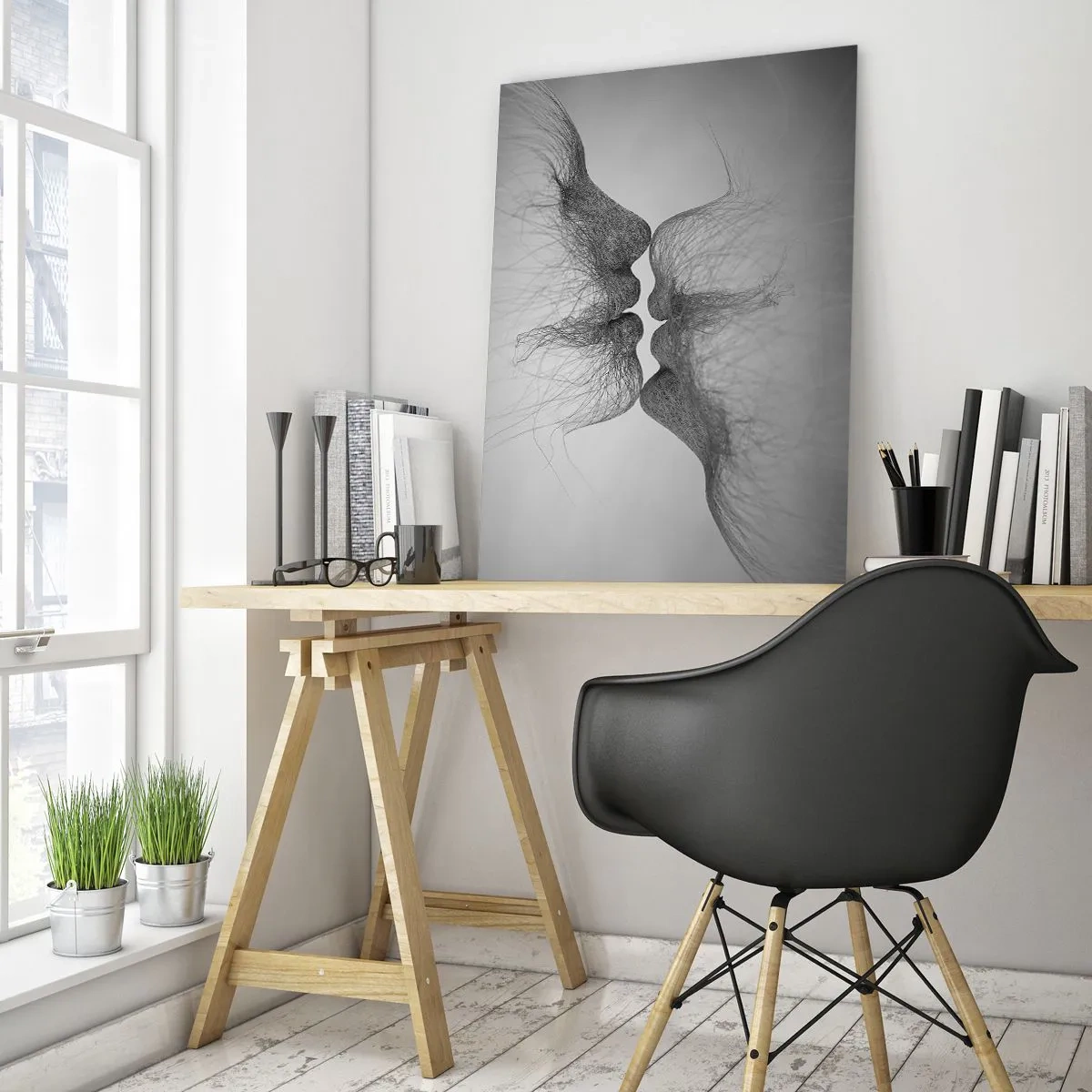 Obraz na szkle - Abstrakcyjny pocałunek w czerni i bieli - 50x70cm - Pocałunek wiatru - Nowoczesna dekoracja ścienna do salonu, kuchni i sypialni ARTTOR