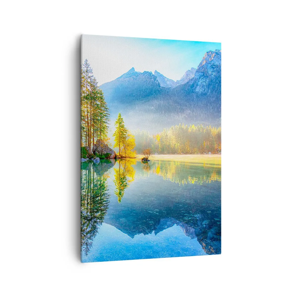 Obraz na płótnie - Jezioro otoczone górami i lasem w promieniach słońca - 70x100cm - Majestat i słodycz - Nowoczesna dekoracja ścienna do salonu i sypialni ARTTOR