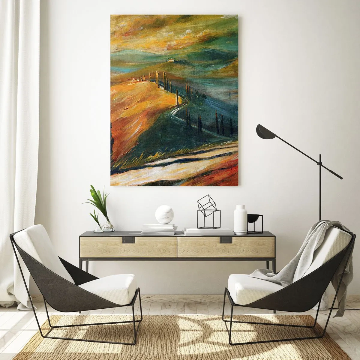 Obraz na szkle - Zachód słońca nad toskańskim wzgórzem - 50x70cm - Toskański pejzaż - Nowoczesna dekoracja ścienna do salonu, kuchni i sypialni ARTTOR