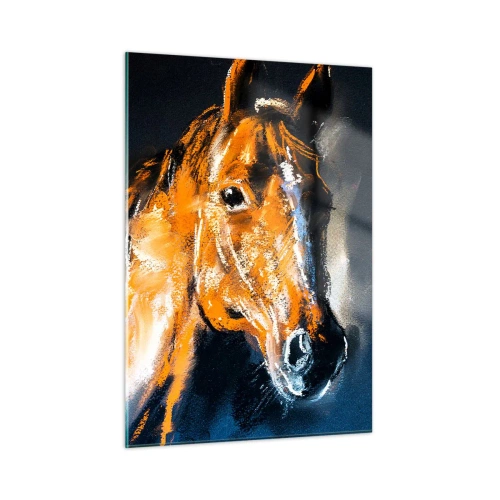 Obraz na szkle - Portret konia w intensywnych odcieniach brązu na ciemnym tle - 50x70cm - To co, jedziesz? - Nowoczesna dekoracja ścienna do salonu, kuchni i sypialni ARTTOR