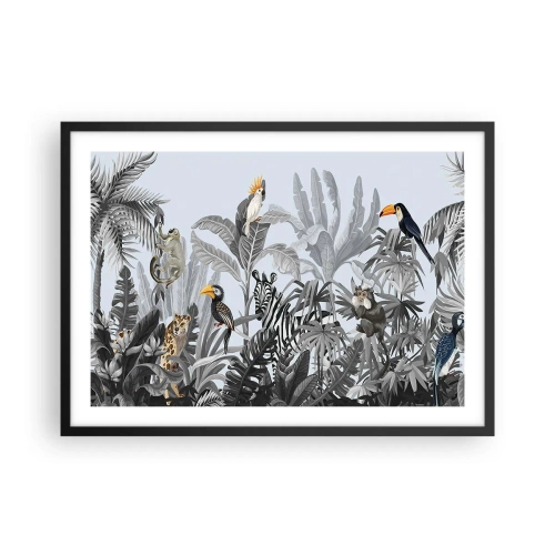Plakat w czarnej ramie - Tropikalna dżungla z egzotycznymi zwierzętami na szarym tle - 70x50cm - Afrykańska bajka - Nowoczesna dekoracja ścienna do salonu i sypialni ARTTOR