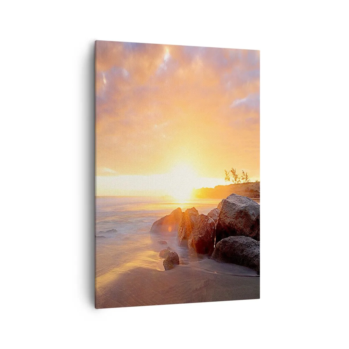 Obraz na płótnie - Zachód słońca nad kamienistym wybrzeżem - 70x100cm - Świetlista bryza wieczoru - Nowoczesna dekoracja ścienna do salonu i sypialni ARTTOR