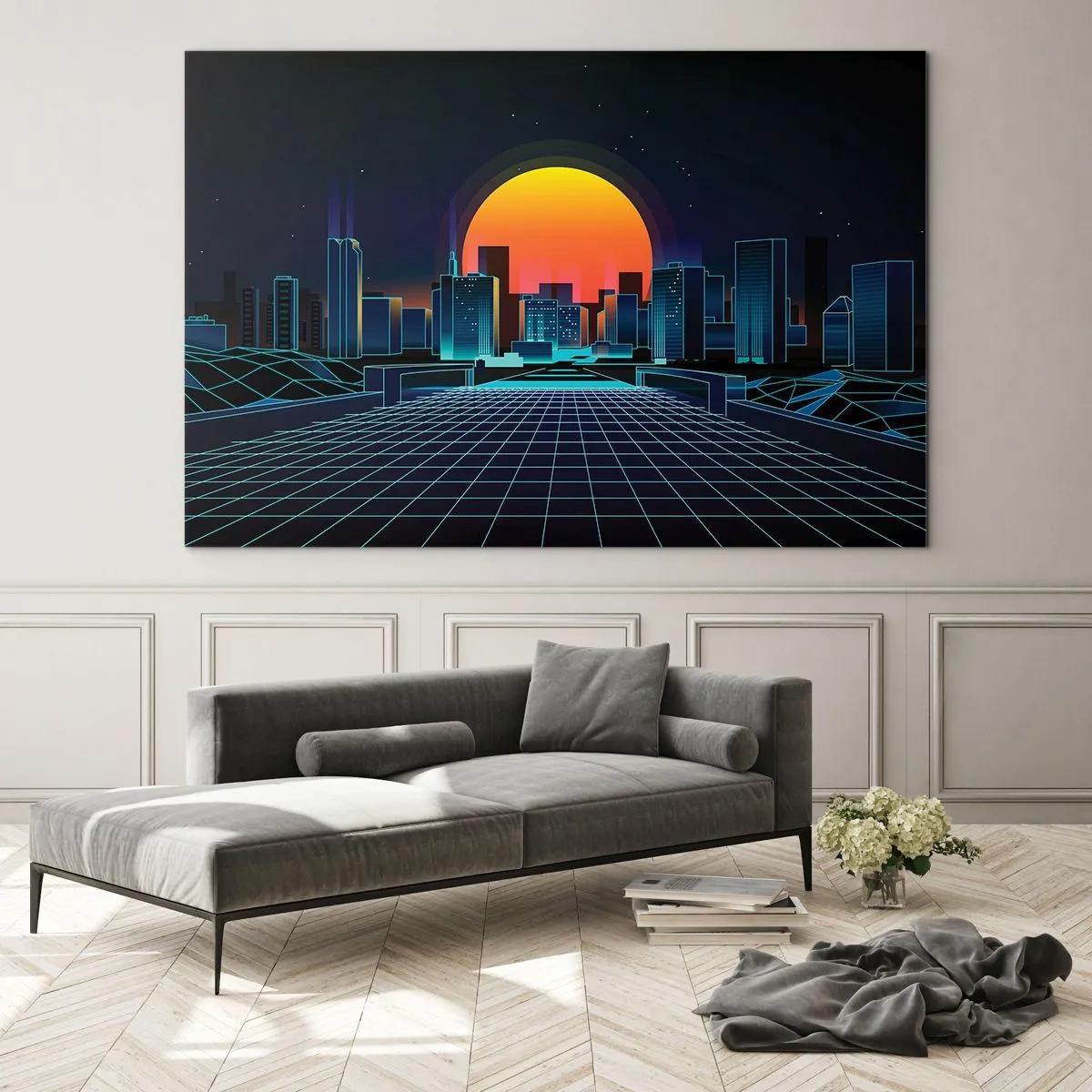 Obraz na szkle - Futurystyczna panorama miasta z zachodem słońca - 70x50cm - Wciąż chcesz do realu? - Nowoczesna dekoracja ścienna do salonu i sypialni ARTTOR