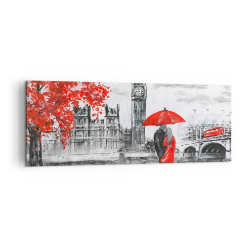 Obraz na płótnie - Romantyczna scena z Big Benem i czerwoną parasolką - 140x50cm - Zakochani w Londynie - Nowoczesna dekoracja ścienna do salonu i sypialni ARTTOR