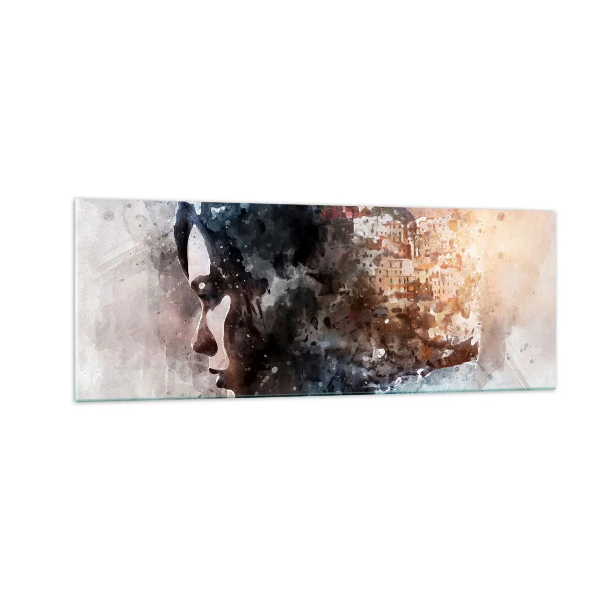 Obraz na szkle - Portret kobiety łączący twarz z miejskim krajobrazem w tle - 140x50cm - Opowieść o dziewczynie z miastem w tle - Nowoczesna dekoracja ścienna do salonu i sypialni ARTTOR