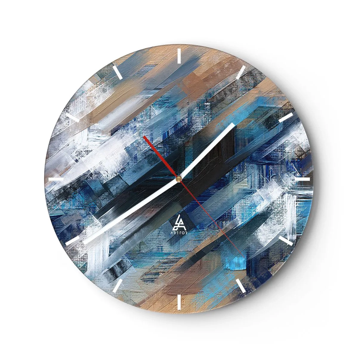 Zegar ścienny - Abstrakcyjna kompozycja błękitnych pociągnięć pędzla - 30x30cm - Po błękitnym skosie - Nowoczesna dekoracja ścienna do salonu, kuchni i sypialni ARTTOR