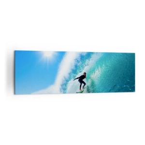 Obraz na płótnie - Surfer na desce pływający wewnątrz potężnej fali pod błękitnym niebem - 160x50cm - Przez wielki błękit - Nowoczesna dekoracja ścienna do salonu i sypialni ARTTOR