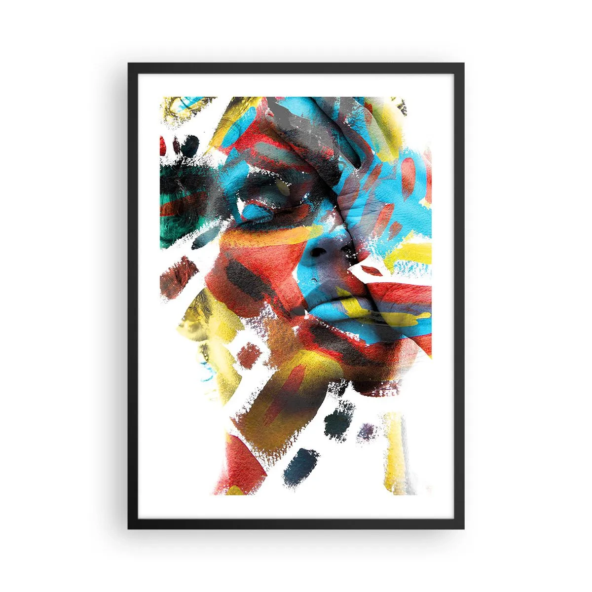 Plakat w czarnej ramie - Artystyczny portret kobiety w abstrakcyjnych kolorach - 50x70cm - Barwna osobowość - Nowoczesna dekoracja ścienna do salonu i sypialni ARTTOR