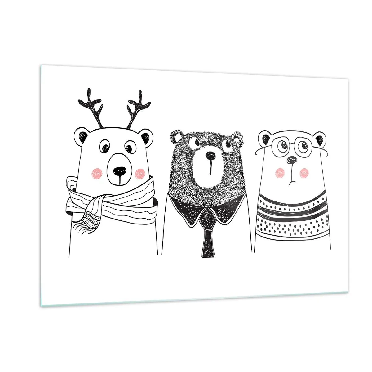 Obraz na szkle - Trzy zabawne niedźwiadki w czarno-białej ilustracji - 120x80cm - Miś, misiaczek i misio - Nowoczesna dekoracja ścienna do salonu, kuchni i sypialni ARTTOR
