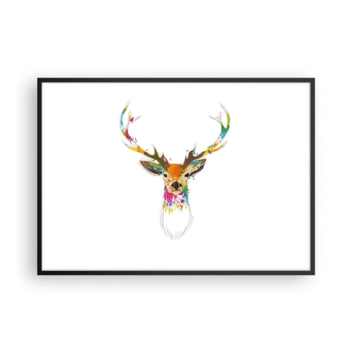 Plakat w czarnej ramie - Kolorowa głowa jelenia w artystycznym stylu - 100x70cm - Łagodny jelonek skąpany w kolorze - Nowoczesna dekoracja ścienna do salonu i sypialni ARTTOR