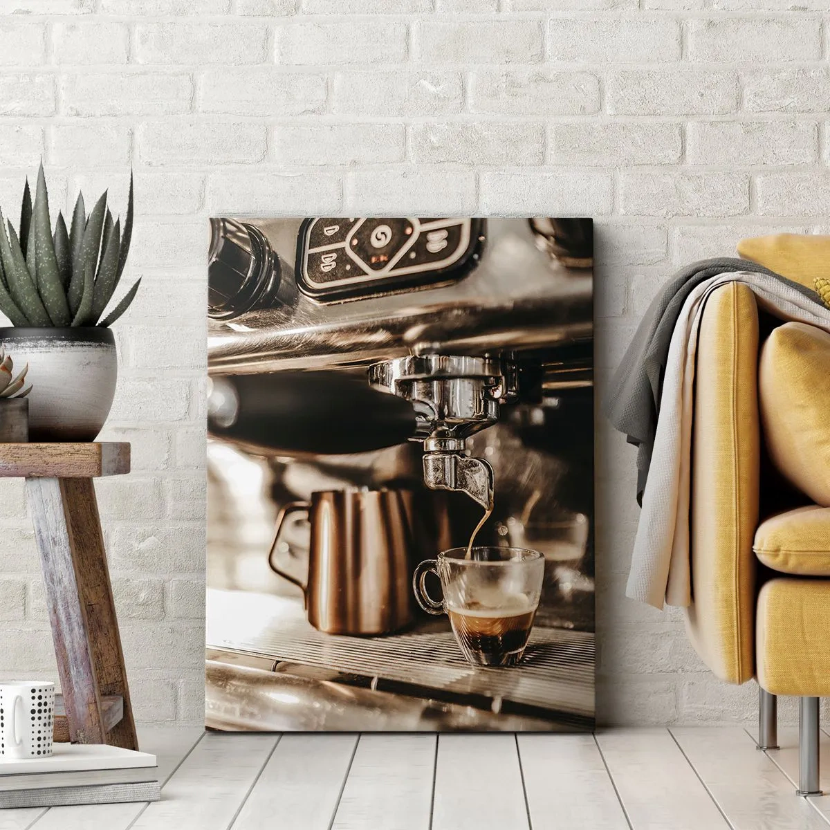 Obraz na płótnie - Ekspres do kawy nalewający aromatyczne espresso do szklanej filiżanki - 50x70cm - Blask kawy - Nowoczesna dekoracja ścienna do salonu, kuchni i sypialni ARTTOR