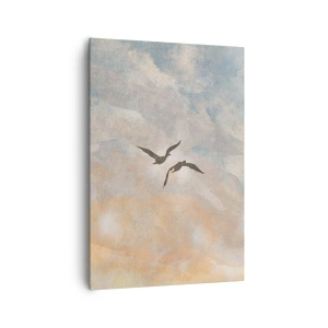 Obraz na płótnie - Dwa lecące ptaki na tle pastelowego nieba - 70x100cm - Podniebny taniec - Nowoczesna dekoracja ścienna do salonu i sypialni ARTTOR