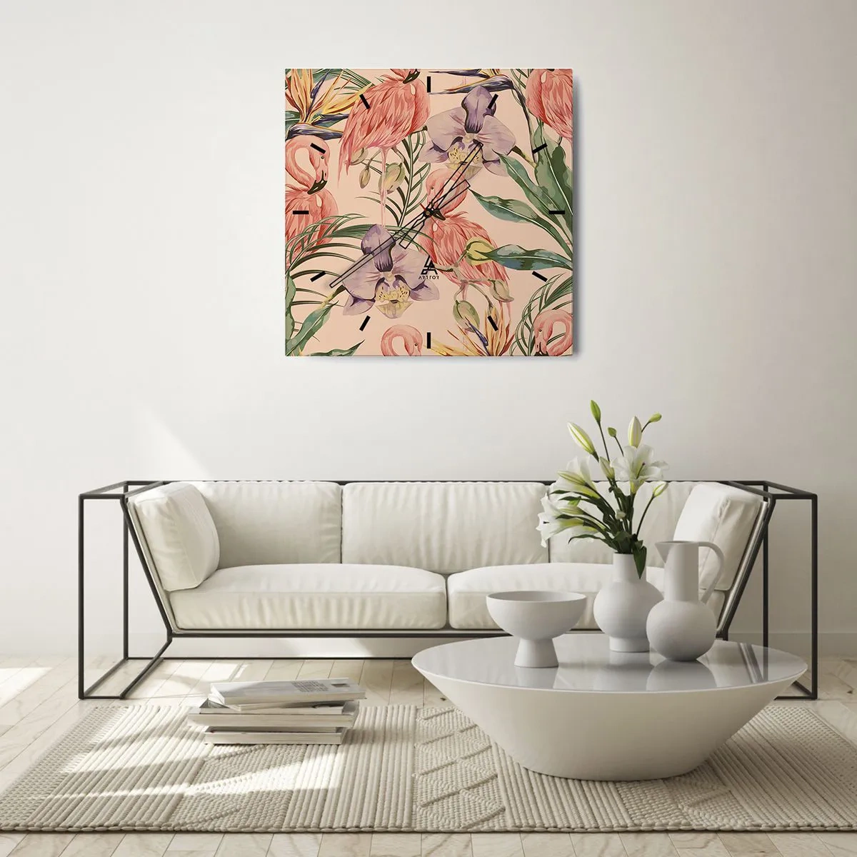 Zegar ścienny - Flamingi i tropikalne kwiaty na jasnym tle - 30x30cm - Różowy balet w kwiatach - Nowoczesna dekoracja ścienna do salonu i sypialni ARTTOR