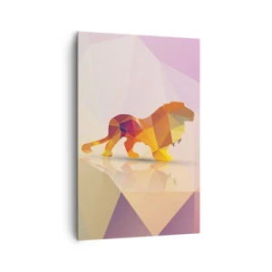 Obraz na płótnie - Geometryczna sylwetka lwa w odcieniach żółci i pomarańczy - 80x120cm - Diamentowy król - Nowoczesna dekoracja ścienna do salonu i sypialni ARTTOR