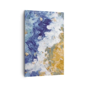 Obraz na płótnie - Abstrakcja w odcieniach błękitu, bieli i złota - 80x120cm - Taniec żywiołów - Nowoczesna dekoracja ścienna do salonu i sypialni ARTTOR