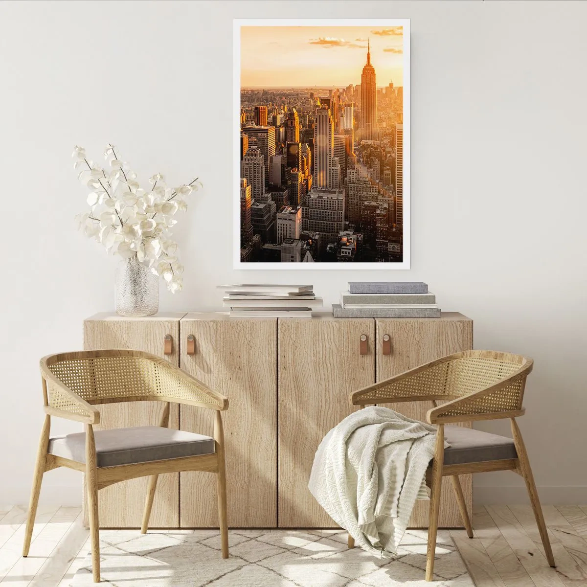 Plakat - Panorama Manhattanu o zachodzie słońca z Empire State Building - 50x70cm - Rosnąc w słońcu - Nowoczesna dekoracja ścienna do salonu, kuchni i sypialni ARTTOR