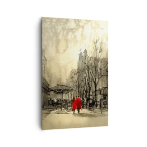 Obraz na płótnie - Czerwona postać w nostalgicznej miejskiej scenerii - 80x120cm - Randka w londyńskiej mgle  - Nowoczesna dekoracja ścienna do salonu i sypialni ARTTOR