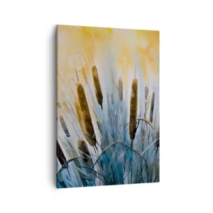 Obraz na płótnie - Malarska kompozycja trzcin i pałek wodnych w świetle słońca - 50x70cm - Chłód wody, słońca żar - Nowoczesna dekoracja ścienna do salonu, kuchni i sypialni ARTTOR