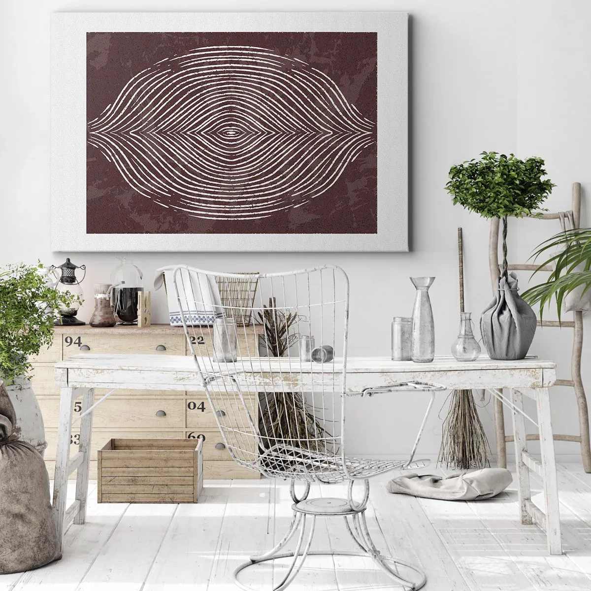 Obraz na płótnie - Symetryczne fale w białych liniach na brązowym tle - 70x50cm - Przestrzeń mówi - Nowoczesna dekoracja ścienna do salonu i sypialni ARTTOR