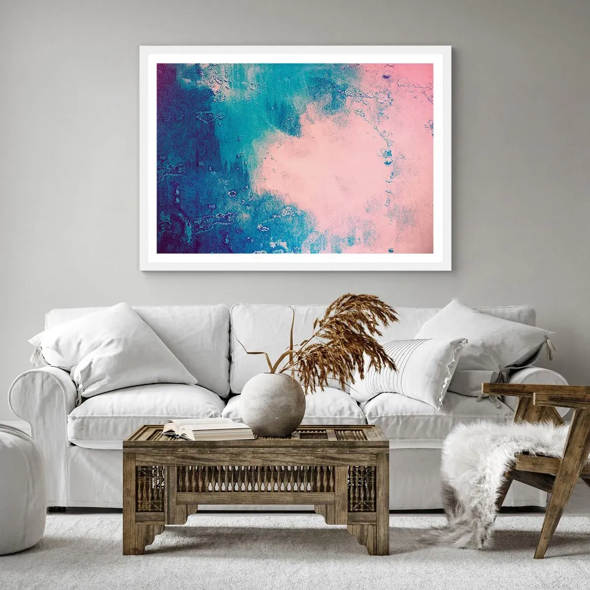 Plakat w białej ramie - Błękitne objęcia - 70x50 cm