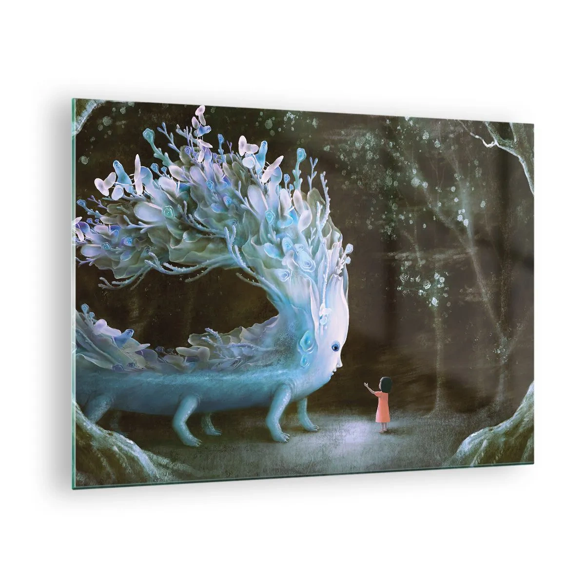 Obraz na szkle - Dziewczynka spotykająca magiczne stworzenie w lesie - 70x50cm - Fantastyczne spotkanie - Nowoczesna dekoracja ścienna do salonu i sypialni ARTTOR