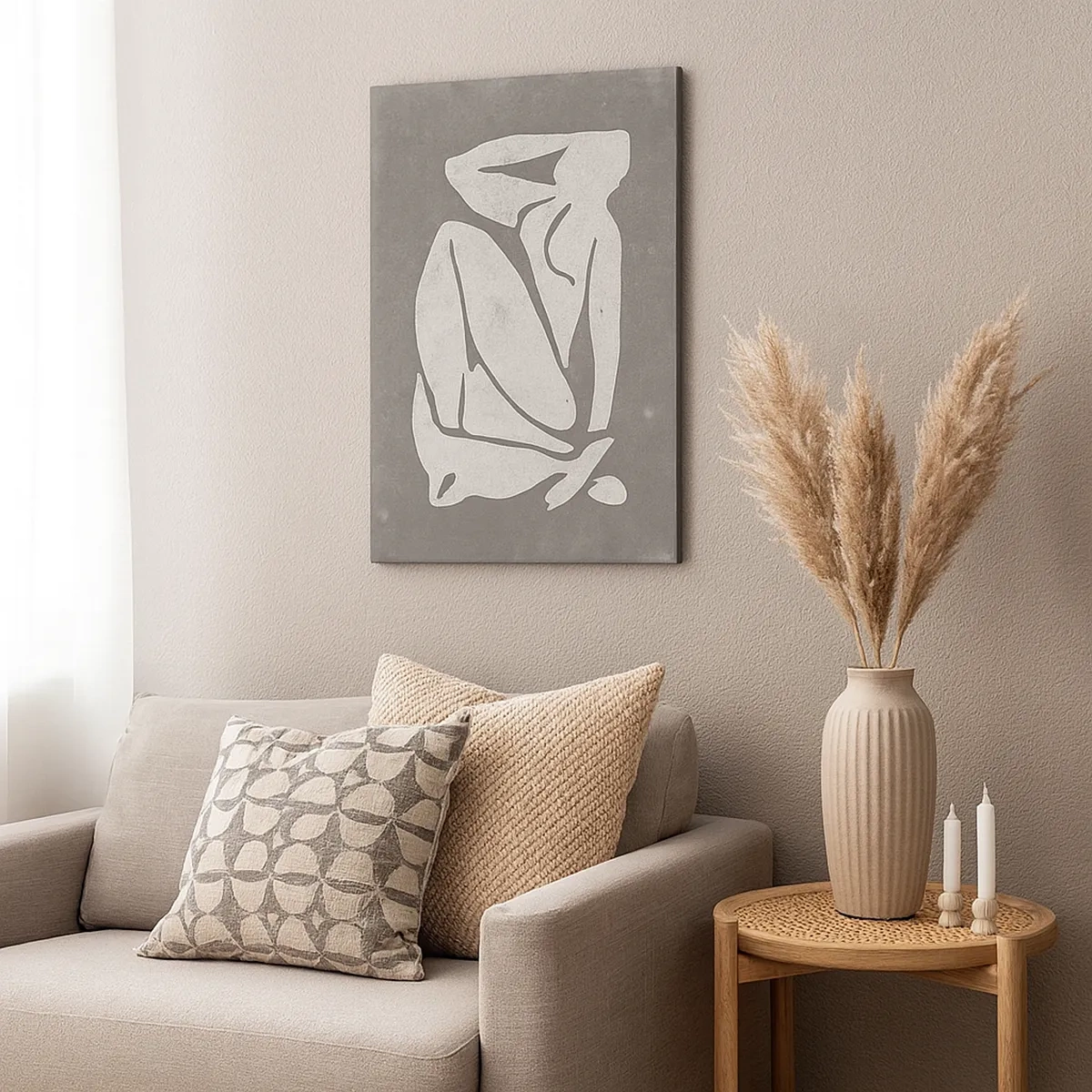 Obraz na płótnie - Minimalistyczna sylwetka kobiety w pozycji zamyślenia na szarym tle - 50x70cm - W zamyśleniu - Nowoczesna dekoracja ścienna do salonu, kuchni i sypialni ARTTOR