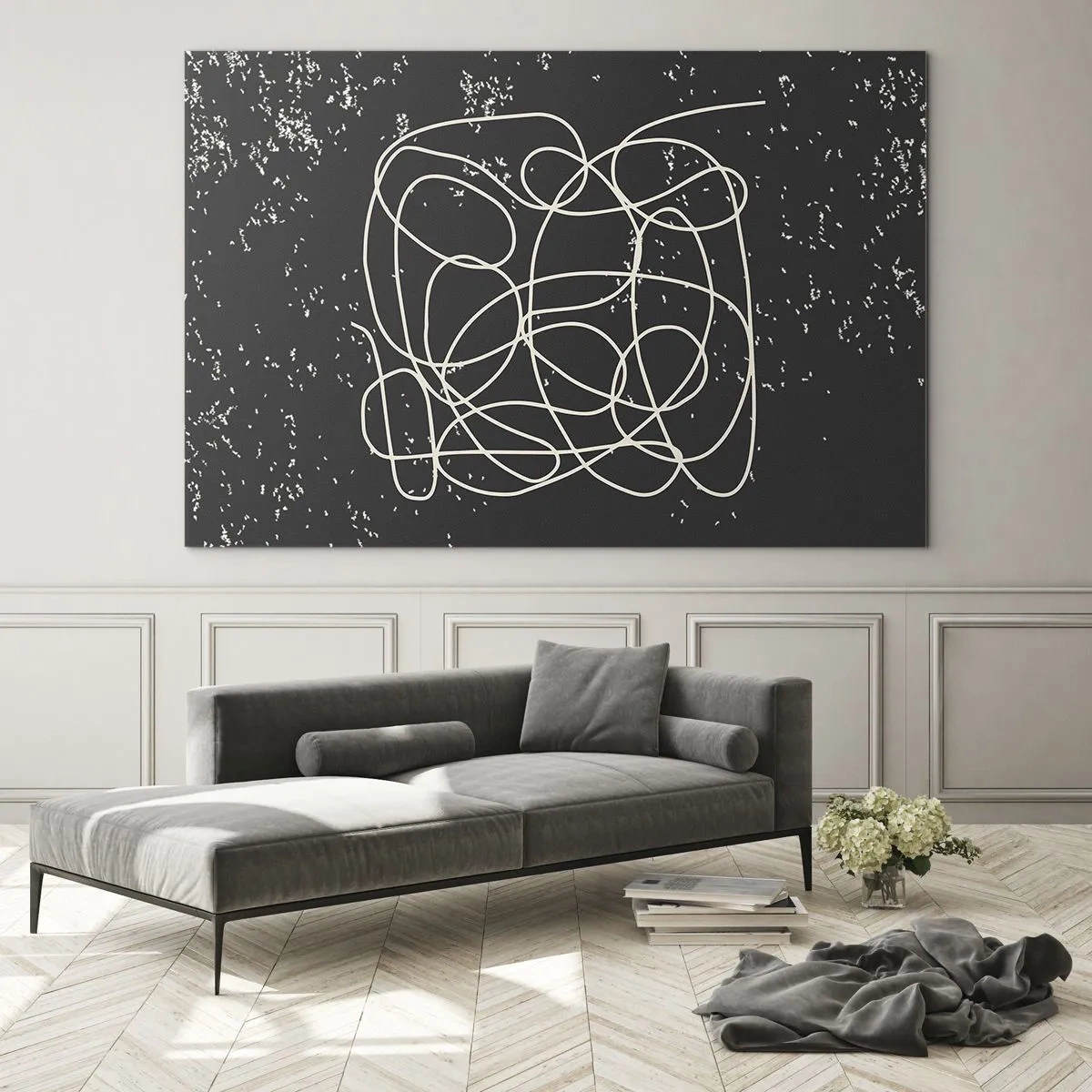 Obraz na szkle - Abstrakcyjna linia w formie plątaniny na czarnym tle z fakturą - 70x50cm - Błądzenie myśli - Nowoczesna dekoracja ścienna do salonu i sypialni ARTTOR