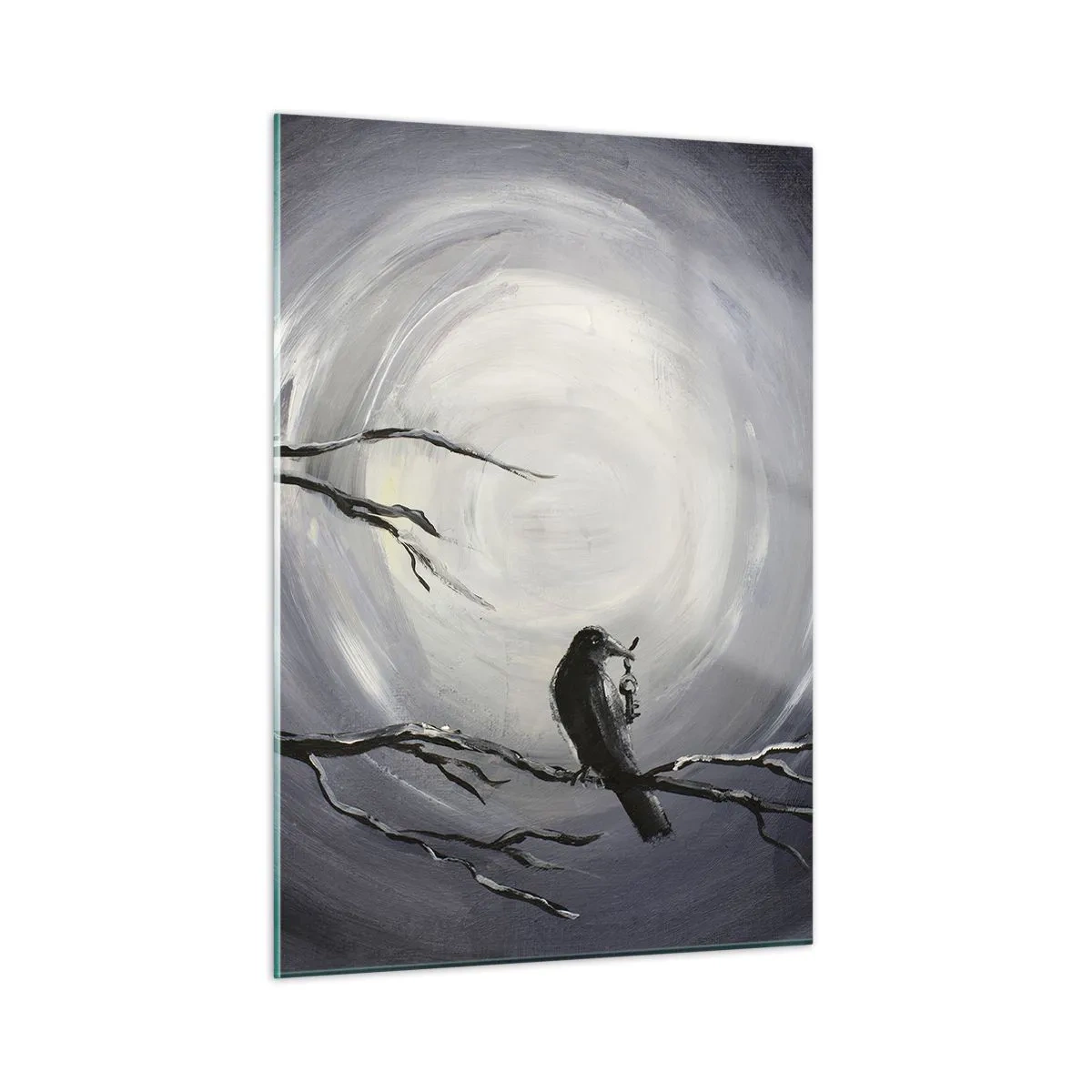 Obraz na szkle - Kruka siedzącego na gałęzi na tle pełni księżyca - 50x70cm - Klucz do tajemnicy nocy - Nowoczesna dekoracja ścienna do salonu, kuchni i sypialni ARTTOR