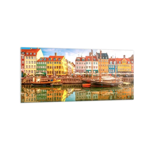 Obraz na szkle - Kolorowe kamienice nad kanałem w Kopenhadze - 120x50cm - Nad wodą gładką jak lustro - Nowoczesna dekoracja ścienna do salonu i sypialni ARTTOR