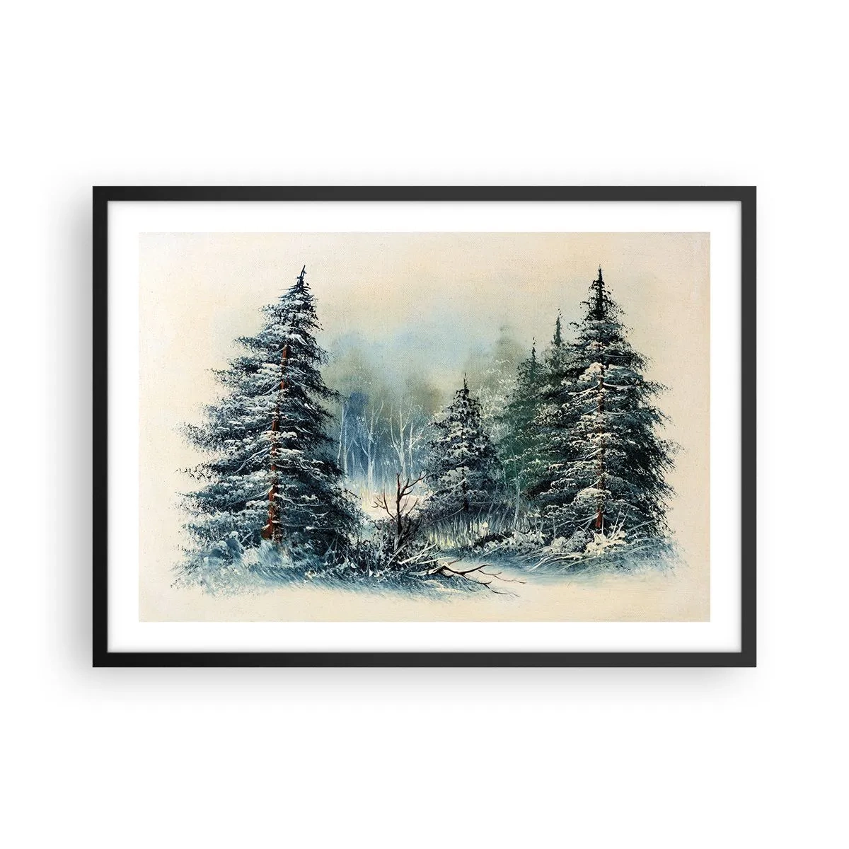 Plakat w czarnej ramie - Zimowy krajobraz z zaśnieżonymi drzewami - 70x50cm - Gotowe do Świąt - Nowoczesna dekoracja ścienna do salonu i sypialni ARTTOR