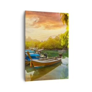 Obraz na płótnie - Tradycyjne łodzie na spokojnej wodzie o zachodzie słońca - 70x100cm - Przed pracowitym dniem - Nowoczesna dekoracja ścienna do salonu i sypialni ARTTOR