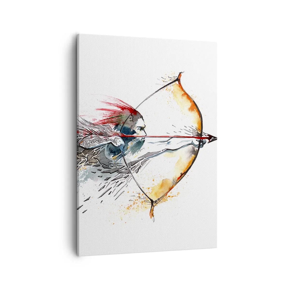 Obraz na płótnie - Mityczny wojownik z ognistym łukiem w rękach, malowany akwarelą w odcieniach czerwieni i pomarańczu - 50x70cm - Mityczny wojownik z ognistym łukiem - Nowoczesna dekoracja ścienna do salonu, kuchni i sypialni ARTTOR