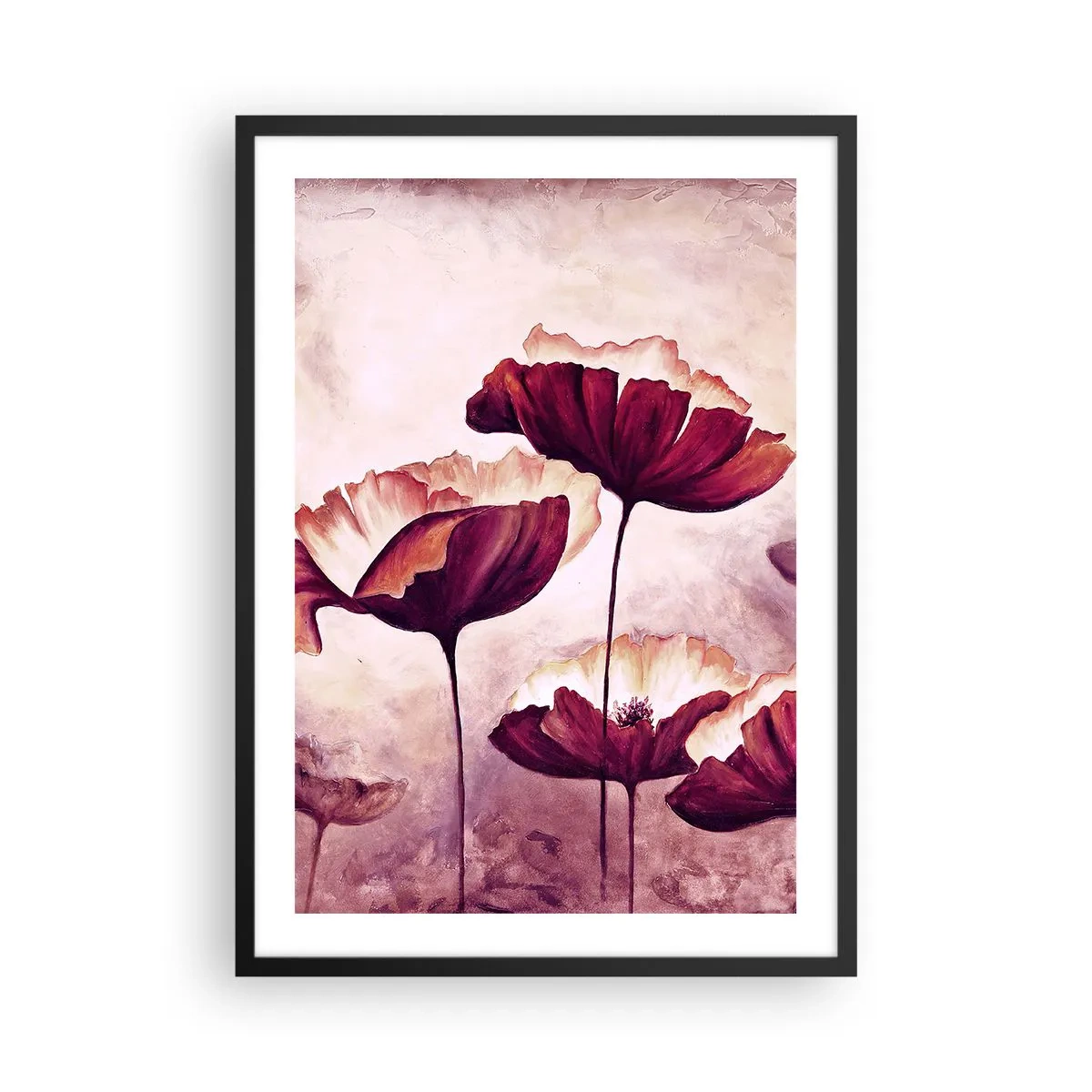 Plakat w czarnej ramie - Malownicze maki na tle subtelnego pastelowego tła - 50x70cm - Płatek czerwony i biały - Nowoczesna dekoracja ścienna do salonu i sypialni ARTTOR