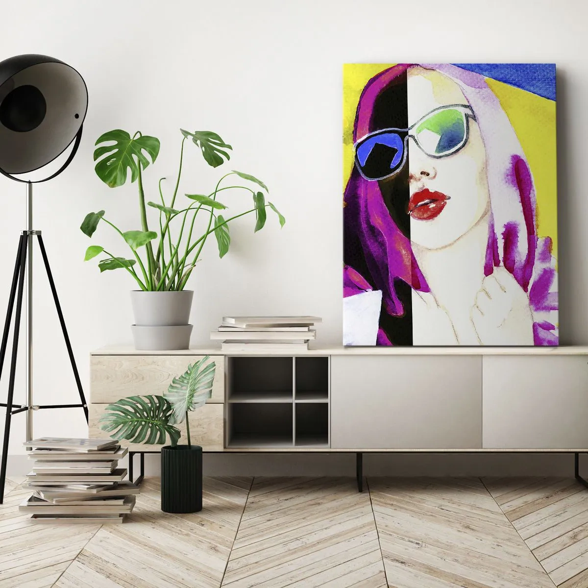 Obraz na płótnie - Kolorowy portret kobiety w okularach przeciwsłonecznych - 70x100cm - Nie jestem biała i nie jestem czarna - Nowoczesna dekoracja ścienna do salonu i sypialni ARTTOR