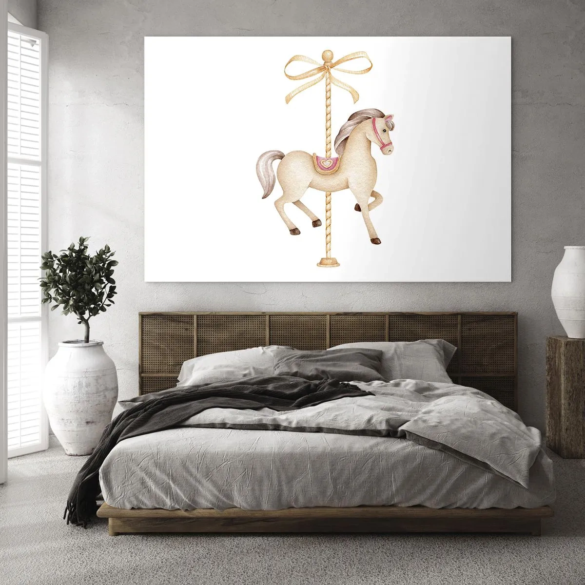 Obraz na szkle - Beżowy konik z karuzeli z kokardką na białym tle - 70x50cm - Wdzięcznym kłusem - Nowoczesna dekoracja ścienna do salonu i sypialni ARTTOR
