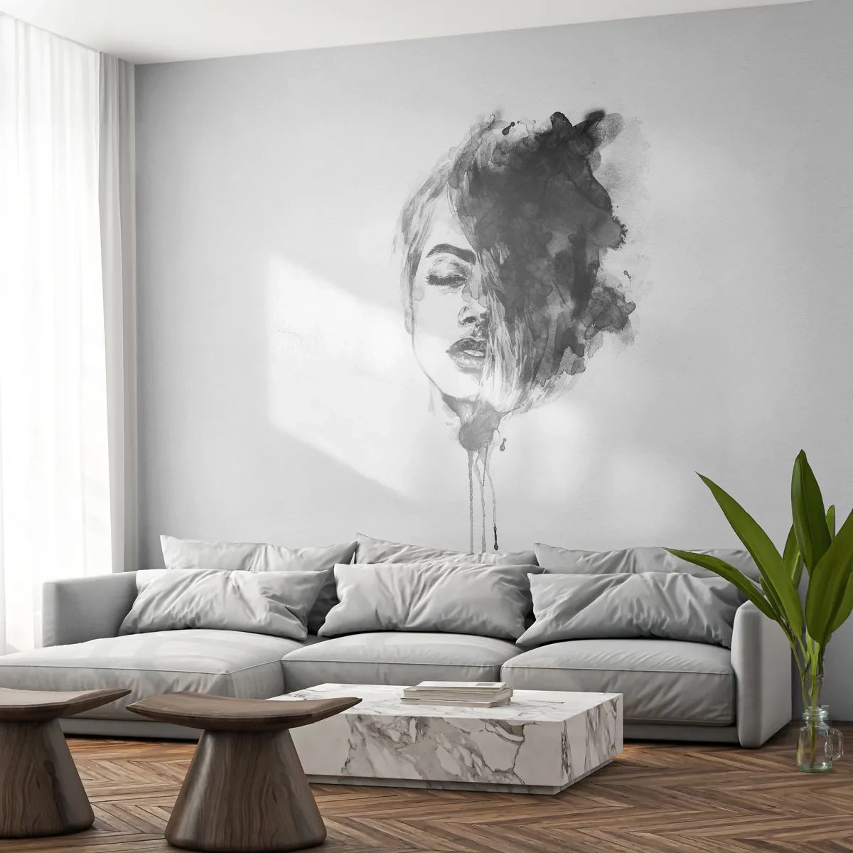 Fototapeta Premium Sand - Czarno-biała akwarela kobiecej twarzy w artystycznym stylu - 100x70cm - O czym marzy dziewczyna - Nowoczesna dekoracja ścienna do salonu, kuchni i sypialni ARTTOR