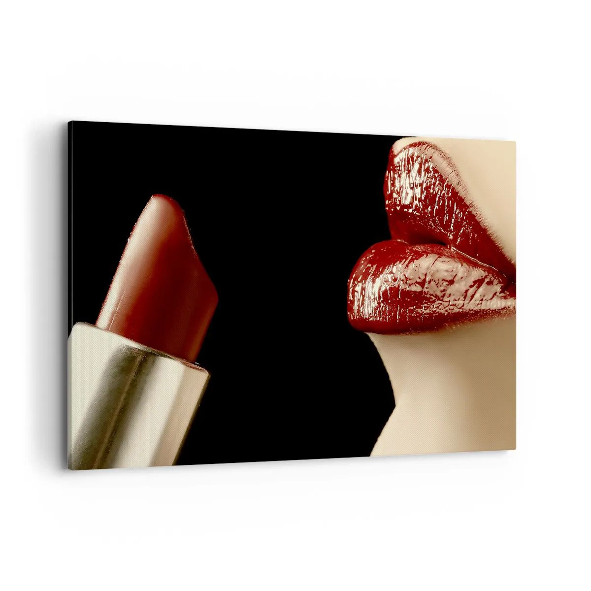 Obraz na płótnie - Czerwone usta i szminka na czarnym tle - 100x70cm - Zmysłowość i blask karminu - Nowoczesna dekoracja ścienna do salonu, kuchni i sypialni ARTTOR