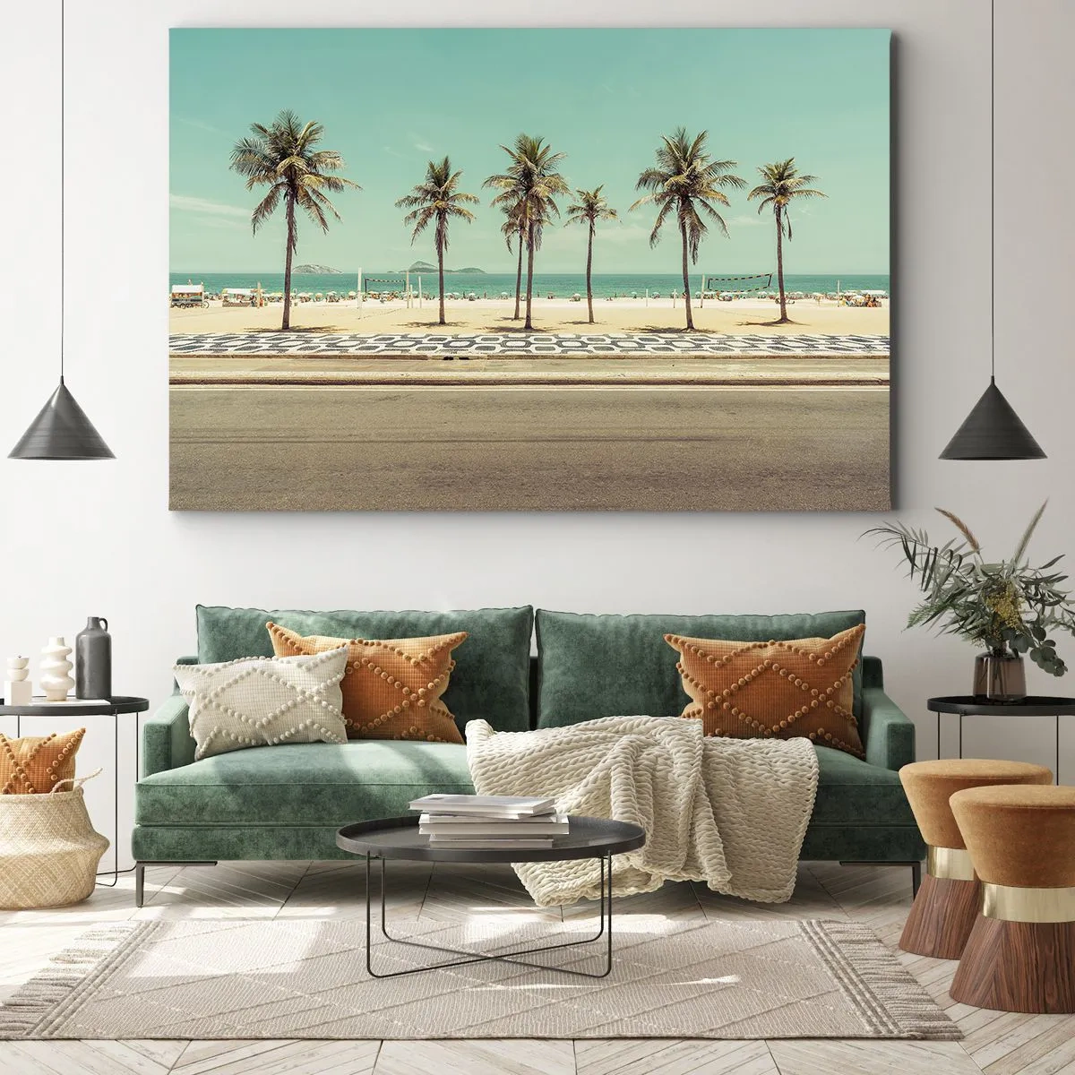 Obraz na płótnie - Palmy na plaży z widokiem na morze i błękitne niebo - 70x50cm - Na straży plaży - Nowoczesna dekoracja ścienna do salonu i sypialni ARTTOR