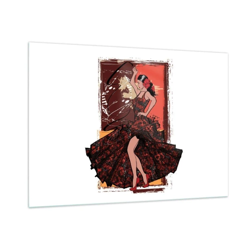 Obraz na szkle - Tancerka flamenco w eleganckiej czerwono-czarnej sukni - 100x70cm - W rytmie serca - Nowoczesna dekoracja ścienna do salonu, kuchni i sypialni ARTTOR