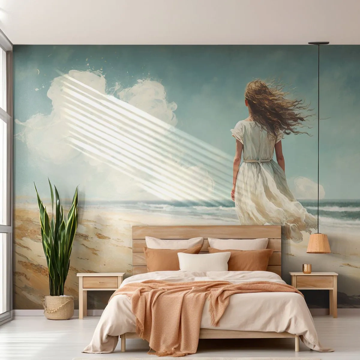 Fototapeta Premium Sand - Kobieta w białej sukience spacerująca po plaży - 100x70cm - Na spotkanie słońca i wiatru - Nowoczesna dekoracja ścienna do salonu, kuchni i sypialni ARTTOR