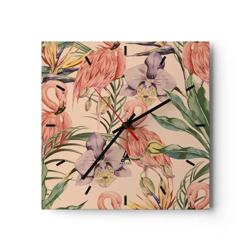 Zegar ścienny - Flamingi i tropikalne kwiaty na jasnym tle - 30x30cm - Różowy balet w kwiatach - Nowoczesna dekoracja ścienna do salonu i sypialni ARTTOR